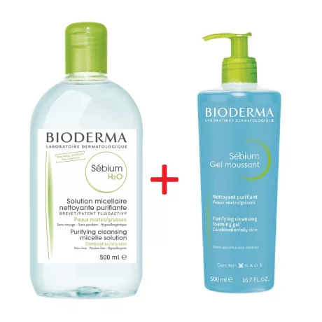 BIODERMA SEBIUM H2O 500 ml + SEBIUM GEL MOUSSANT 500 ml csomag micellafesztivál