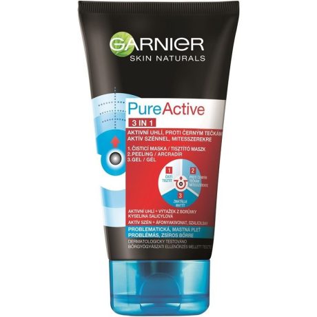 GARNIER Skin Pure Active 3in1 tisztító maszk problémás zsíros bőrre 150 ml